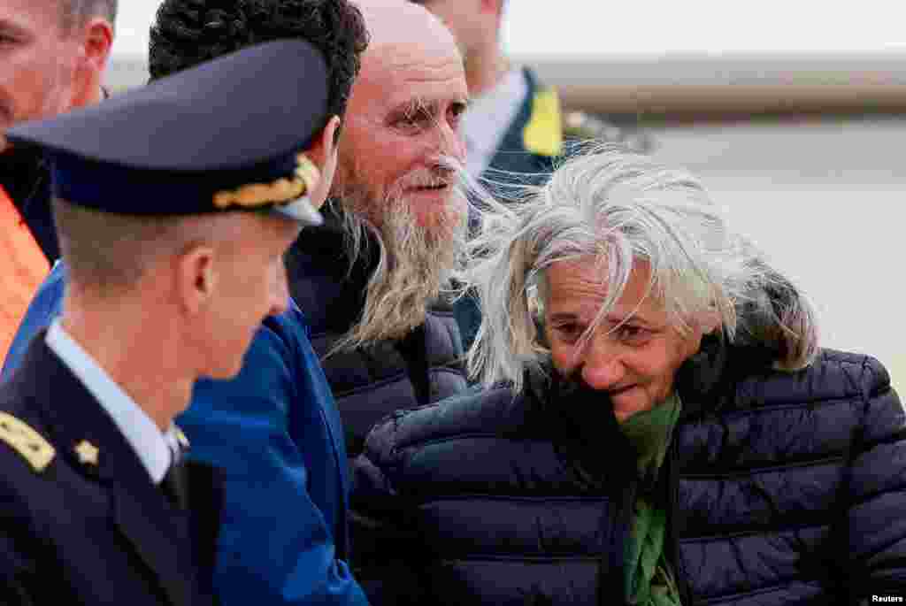 Italian couple Rocco Langone and Maria Donata Caivano, who were kidnapped with their son Giovanni Langone in 2022 by a group of Islamic militants in Mali, arrive in Rome after all three were freed, in Rome.