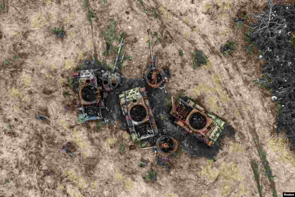 Destroyed Russian tanks are seen near the village of Bohorodychne in Donetsk region, Ukraine, Feb. 13, 2024.