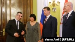 Predsednik Skupštine Srbije Vladmiri Orlić u razgovoru sa ruskim poslanicima Elenom Afanasjevem, Andrejem Černiševim i Vladimirom Kruglijem, 19. april 2022.