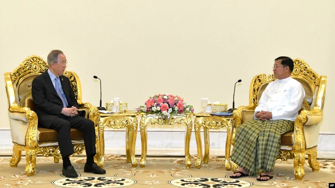 စစ်ကောင်စီအကြီးအကဲဗိုလ်ချုပ်မှူးကြီးမင်းအောင်လှိုင်နှင့် ကုလသမဂ္ဂအတွင်းရေးမှူးချုပ် (ဟောင်း)၊ The Elders အဖွဲ့၏ ဒု-ဥက္ကဋ္ဌ မစ္စတာ ဘမ်ကီမွန်းတို့ နေပြည်တော်တွင် တွေ့ဆုံ (ဧပြီ ၂၄၊ ၂၀၂၃)