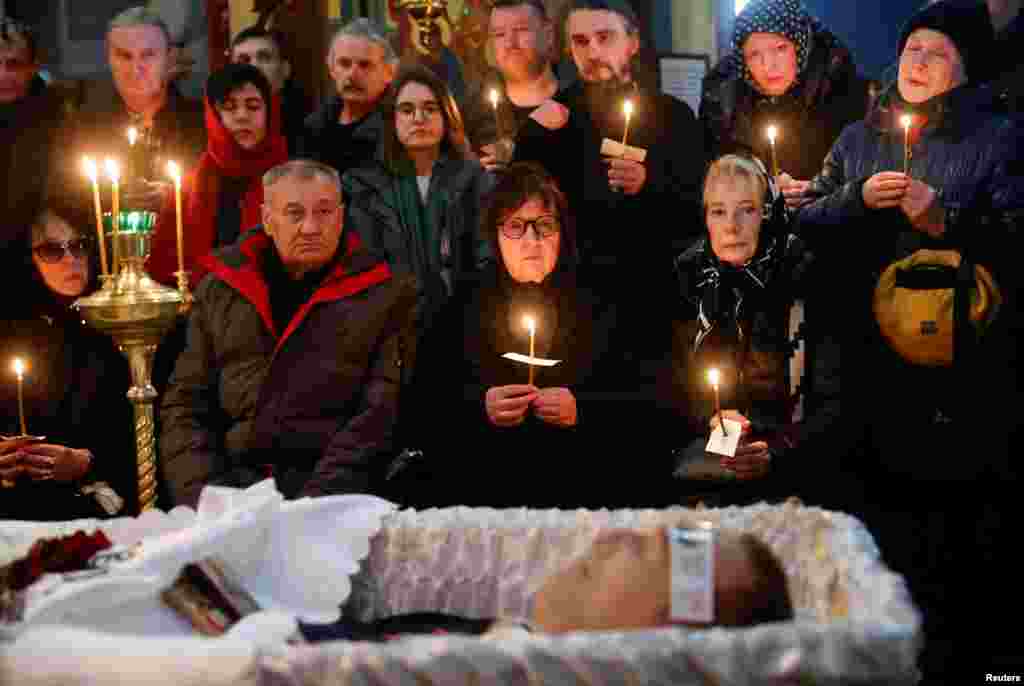 Lyudmila Navalnaya, the mother of late Russian opposition leader Alexey Navalny, attends a funeral service and a farewell ceremony for her son at the Soothe My Sorrows church in Moscow, Russia.
