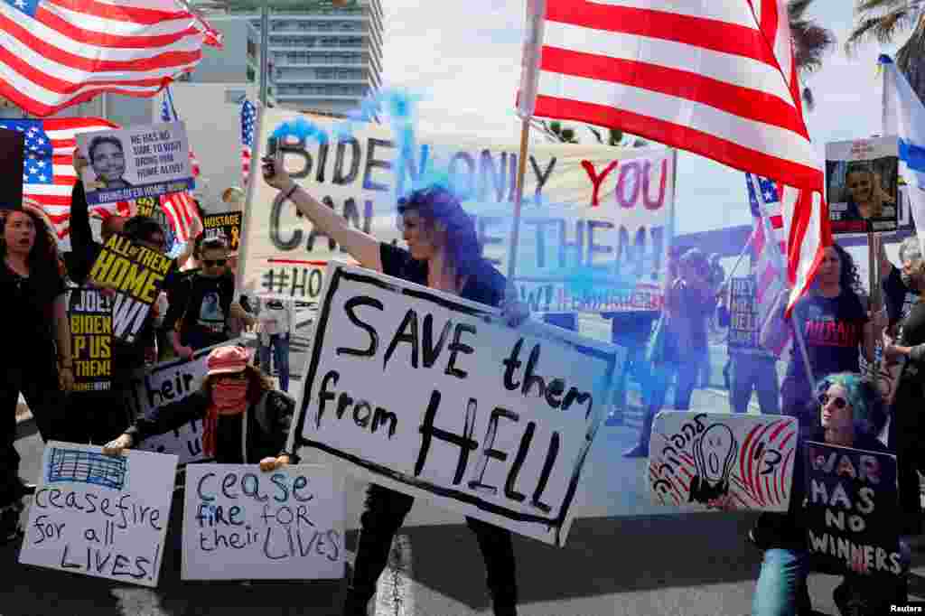 Demonstrators call for the release of hostages kidnapped in the deadly October 7 attack on Israel by the Palestinian Islamist group Hamas from Gaza and for support from the United States, outside the Embassy of United States, in Tel Aviv, Israel.