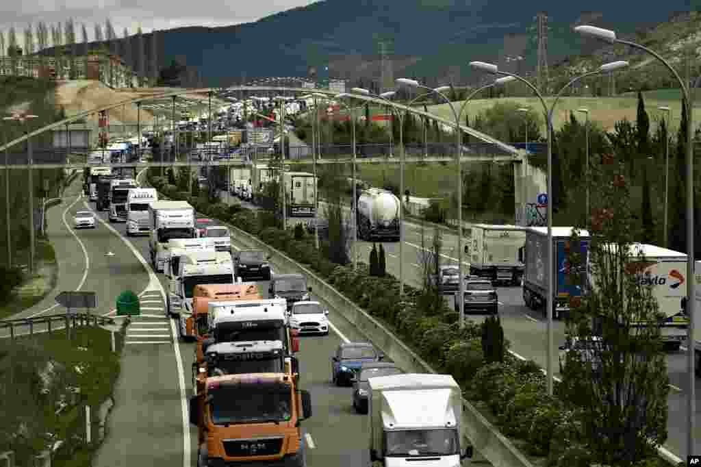 Hundreds of trucks gather to protest against the high price of fuel, in Pamplona, northern Spain.