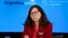 La ministra de Economía, Silvina Batakis, da una conferencia de prensa en Buenos Aires, Argentina, el lunes 11 de julio de 2022. (Foto AP/Natacha Pisarenko)