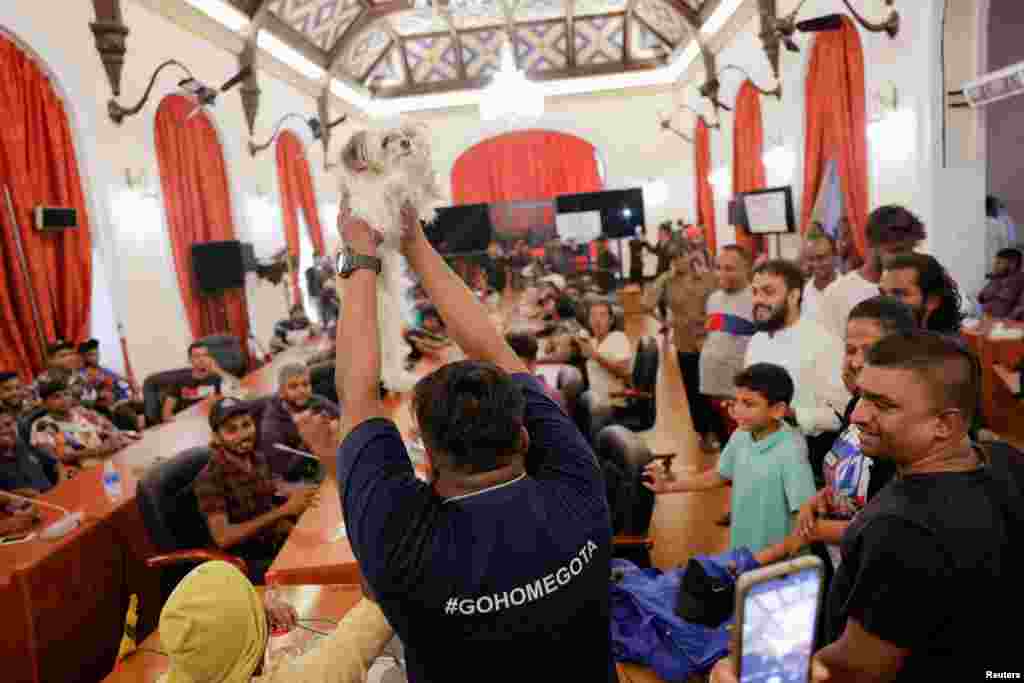 A demonstrator shows a dog as the new "Wildlife Minister" at the President Gotabaya Rajapaksa's cabinet meeting room at the President's house in Colombo, Sri Lanka, on the following day after demonstrators entered the building, amid the country's economic crisis.