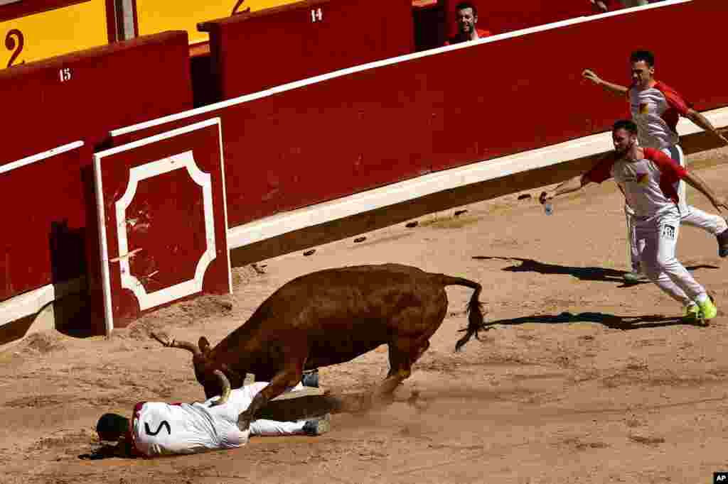 A participant is pushed by a bull during "Recortadores de Anillas" at the San Fermin Festival in Pamplona, northern Spain.