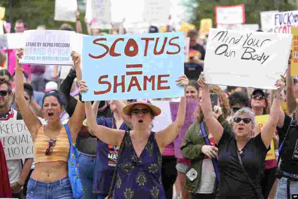 Abortion-rights activist rally at the Indiana Statehouse following Supreme Court's decision to overturn Roe v. Wade, June 25, 2022 in Indianapolis, Indiana.