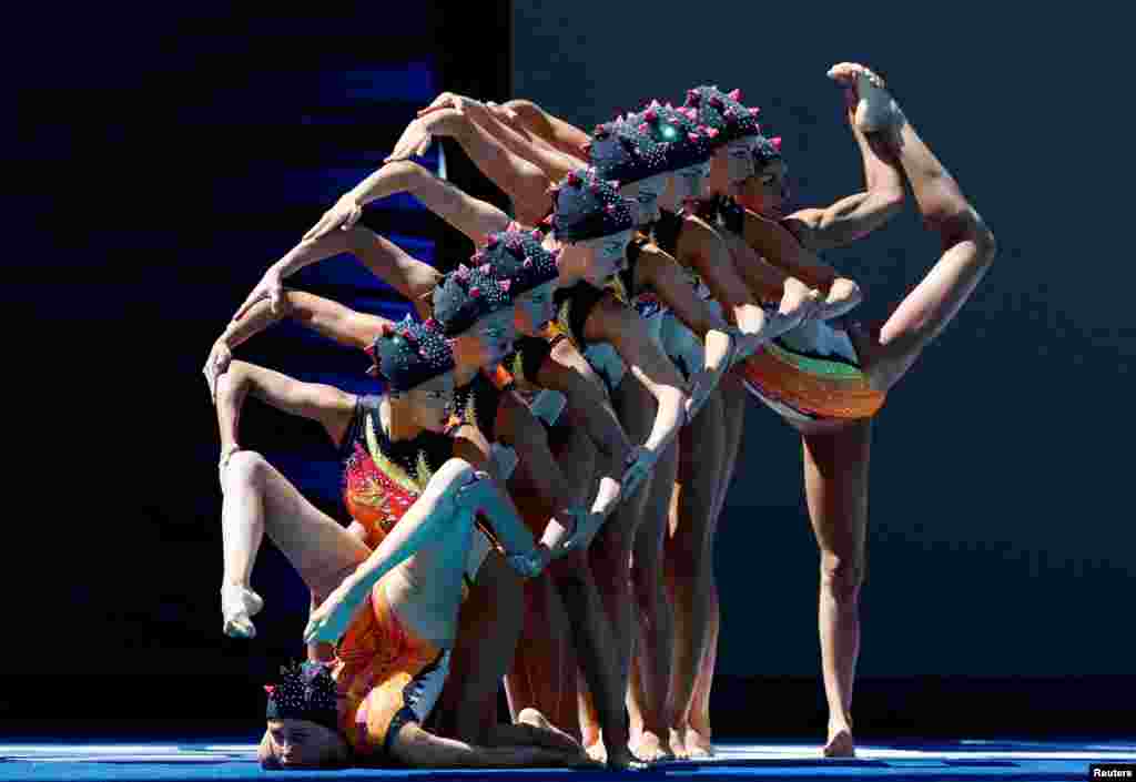 Team Italy performs in the women's artistic swimming finals during the FINA World Championships at the Alfred Hajos Swimming Complex in Budapest, Hungary.