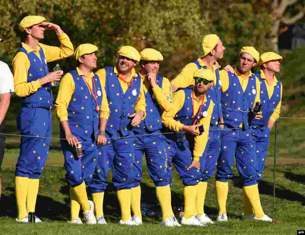 Europe Fans look on during the afternoon fourball matches between Europe and the USA at Hazeltine National Golf Course in Chaska, Minnesota, during the 2016 Ryder Cup competition, Oct.1, 2016, .