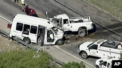 Authorities respond to a deadly crash involving a van carrying church members and a pickup on U.S. 83 outside Garner State Park in northern Uvalde County, Texas, March 29, 2017. The group of senior adults from First Baptist Church of New Braunfels, Texas, was returning from a retreat when the crash occurred, a church statement said.