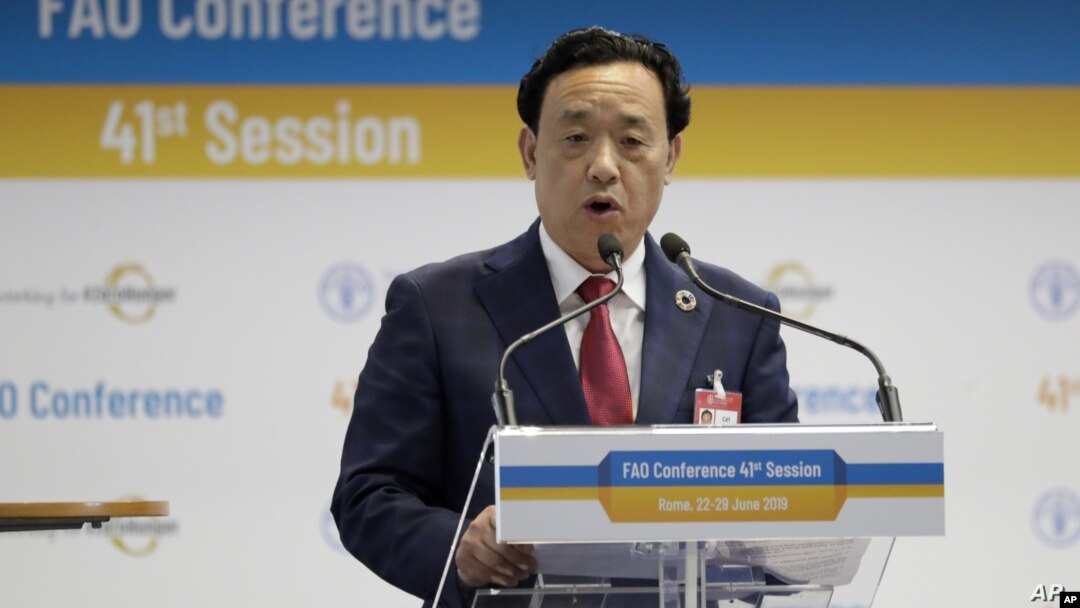 2019年6月22日來自中國的屈冬玉在聯合國糧農組織羅馬總部舉行的一次會議上講話。