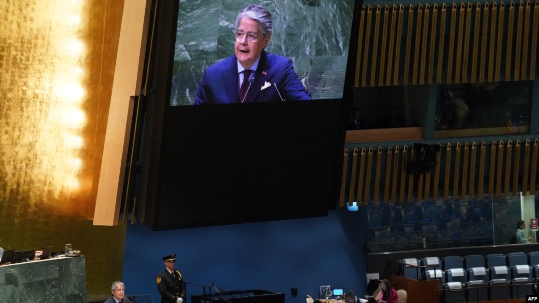 El presidente de Ecuador, Guillermo Lasso, durante su intervención en la 78ª Asamblea General de las Naciones Unidas. [AFP/ Bryan R. Smith]