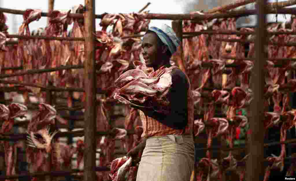 Seorang pedagang ikan Kenya membawa kerangka ikan kering di pasar ikan goreng Obunga "mgongo-wazi" di kota Kisumu, 350 km sebelah barat ibukota Nairobi.