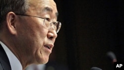 联合国秘书长潘基文2011年5月11号在联合国日内瓦总部新闻发布会上(资料照)