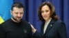 El presidente ucraniano Volodymyr Zelensky y la vicepresidenta estadounidense Kamala Harris sonríen durante una conferencia de prensa en Munich, Alemania, este sábado 17 de febrero.