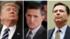 FILE - From left, President Donald Trump, former White House National Security Advisor Michael Flynn, former FBI Director James Comey.