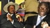 Uganda President Yoweri Museveni, left, being interviewed by a journalist, after he was nominated to run for presidential elections; Forum for Democratic Change’s Dr. Kizza Besigye after being nominated for presidential elections in the capital city Kampa
