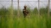 An Indian Border Security Force soldier patrols near the India-Pakistan international border area at Gakhrial boder post in Akhnoor sector, about 48 kilometers from Jammu, India, Oct. 1, 2016. 