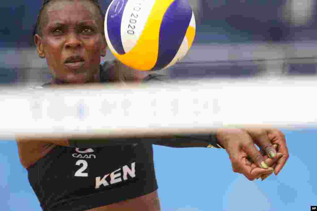 Barackcides, Khadambi, of Kenya, competes during a women's beach volleyball match against Latvia at the 2020 Summer Olympics, Saturday, July 31, 2021, in Tokyo, Japan. (AP Photo/Petros Giannakouris)