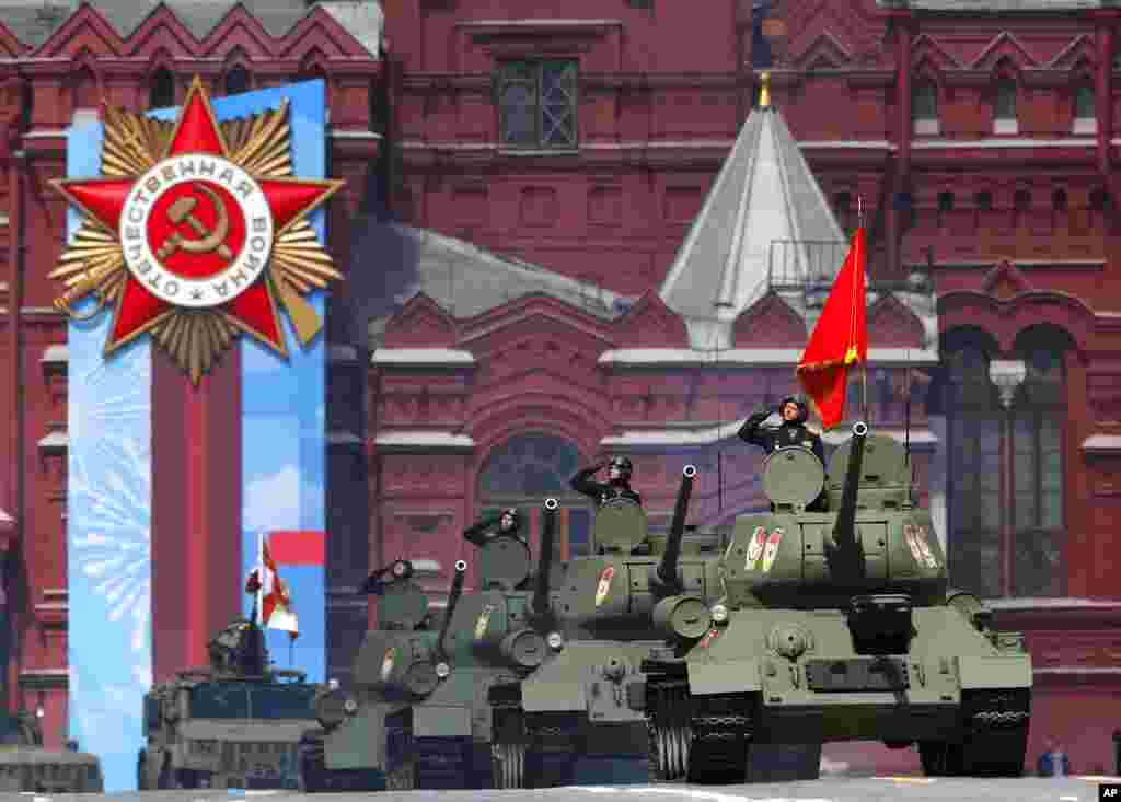 Legendary Soviet-era T-34 tanks roll during a dress rehearsal for the Victory Day military parade in Moscow, Russia. The parade will take place at Moscow's Red Square on May 9 to celebrate 76 years of the victory in WWII.
