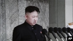 KRT电视画面显示金正恩4月15日在平壤金日成百年冥诞大型纪念活动上首次发表公开讲话。